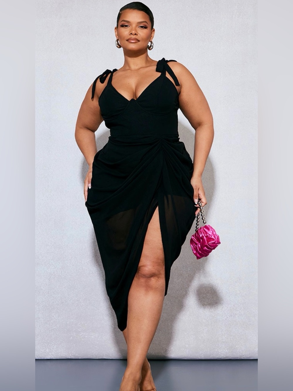 PrettyLittleThing Black Ruched Tie-Strap Midi Dress